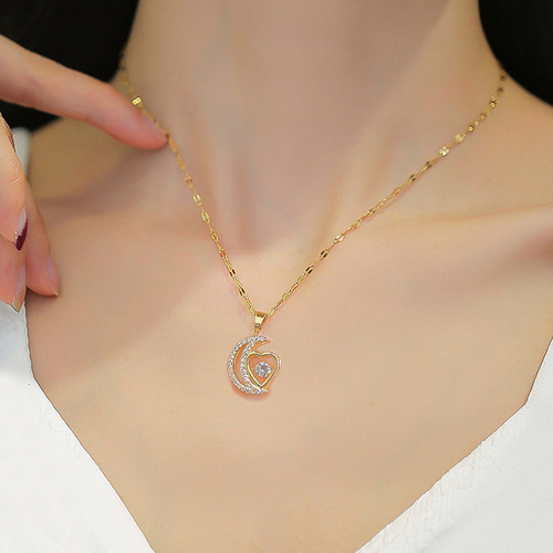 [Titanium Steel] Light Luxury Moon Love Heart Touching Micro-Inlaid Real Gold Necklace Women's Transfer Ins Clavicle Chain Accessories