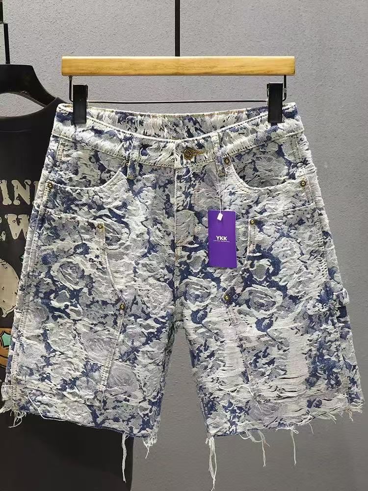 Men's Clothing Light Luxury Denim Shorts Men's Summer Loose Versatile Casual Trendy Shorts Fashionable Blue And White Porcelain Casual Pants_voghion.com