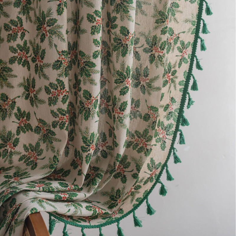Qixin Curtain Green Christmas Gold Stamped Holly Leaf Small Window Kitchen Curtain Semi-Shading Bay Window Balcony Design