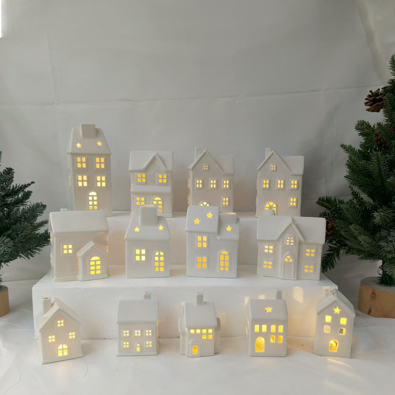 Ceramic Scandinavian Small House Crafts Creative Led Candlestick Holiday Home Night Light Decorative Ornaments Christmas