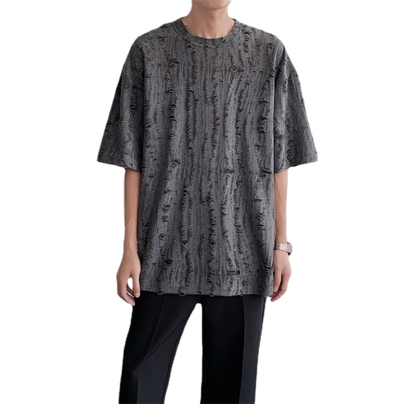 Camiseta de manga corta rasgada superior de verano de los hombres marca de moda coreana ins casual todo partido de seda de hielo cuello redondo Camiseta de media manga