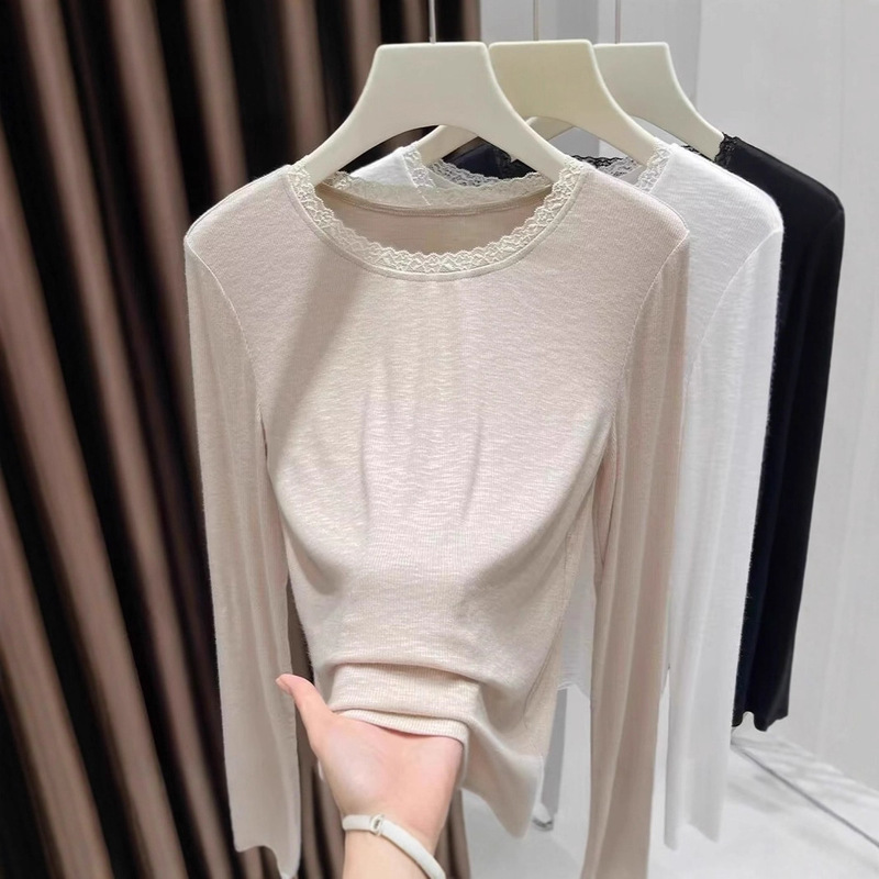 Autumn Long-Sleeved Fashionable New Lace 2025 Fashionable Sweet Top Bottoming Shirt Women's Round Neck