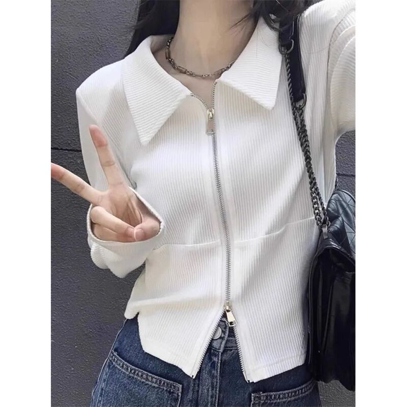 Design Sense Double Zipper Lapel Long-sleeved T-shirt Women's Spring and Autumn New Pure Desire Style Slim-fit Slimming Short Hot Girl Top Design Sense Double Zipper Lapel Long-sleeved T-shirt Women's Spring and Autumn New Pure Desire Style Slim-fit Slimming Short Hot Girl Top