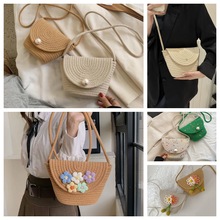 夏季时尚草编包 简约洋气百搭斜挎包 小清新珍珠翻盖斜挎棉绳小包