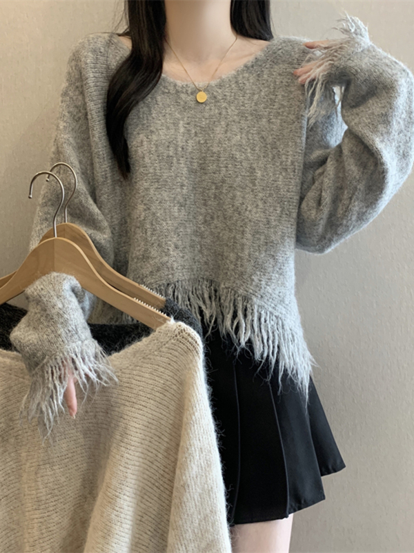 韩系高级感流苏针织衫女秋季新款设计感小众宽松百搭显瘦短款上衣|undefined