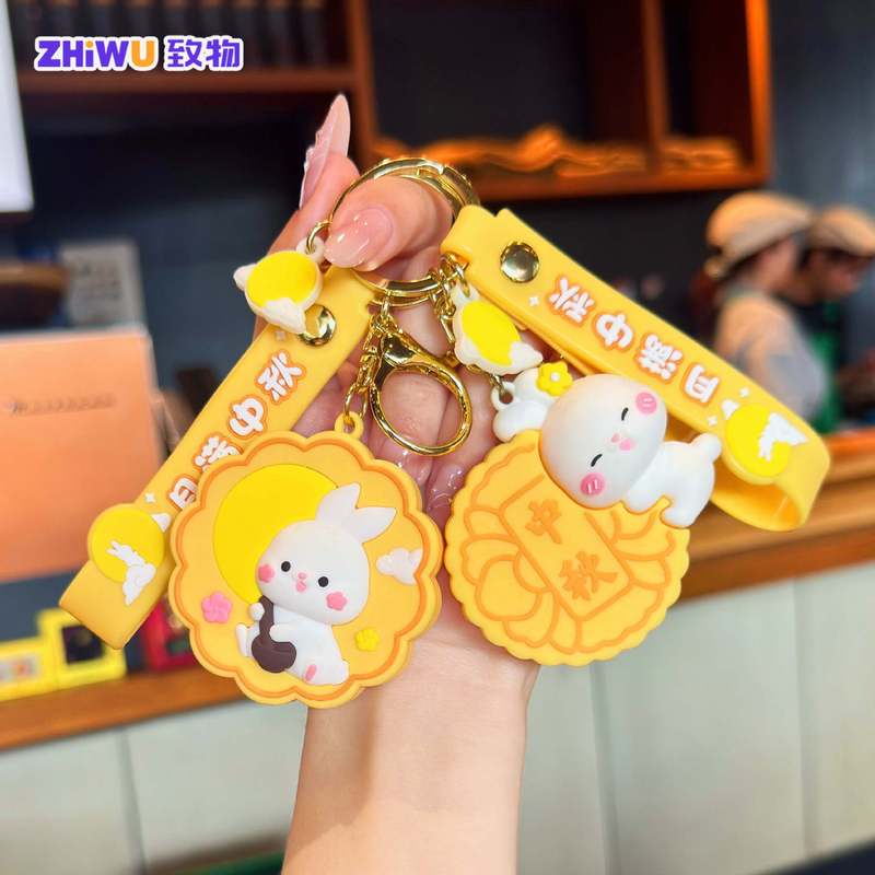 Full Moon Mid-Autumn Festival Rabbit Pendant Soft Rubber Mooncake Jade Rabbit Keychain Creative Mid-Autumn Festival Gift Bag Accessories in Stock