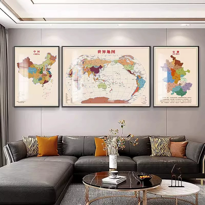 World Map Decorative Painting Office Living Room Sofa Background Wall Hanging Painting Triple Mural Painting in Guangdong Province of China