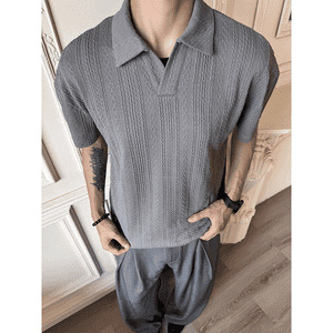 Camiseta Polo de cuello V de manga corta de hombre de cuello de gaviota con solapa de textura de negocios de Gran Bretaña camiseta de seda de hielo de verano comercio exterior transfronterizo al por mayor