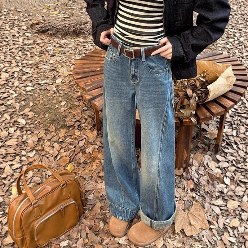 复古蓝高腰阔腿裤2025秋季新款胖妹妹宽松百搭修身显瘦弯刀牛仔裤|undefined