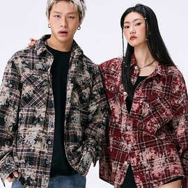美式复古做旧格子衬衫男秋季外套女流苏破坏风情侣衬衣长袖潮