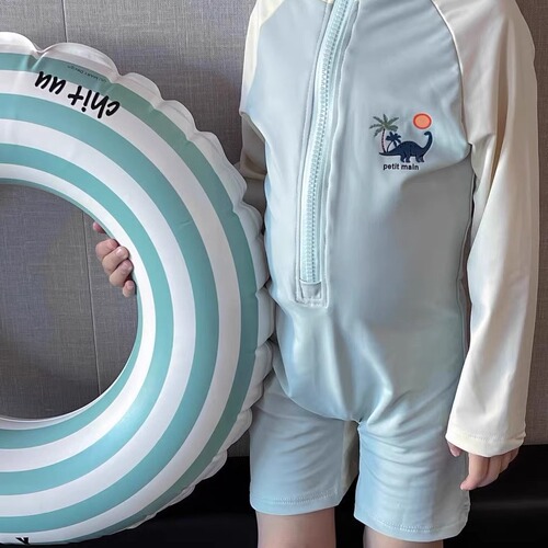 Children's swimming suit, unisex zipper one-piece swimsuit, summer long-sleeved sun protection quick-drying hot spring beach vacation swimsuit, trendy