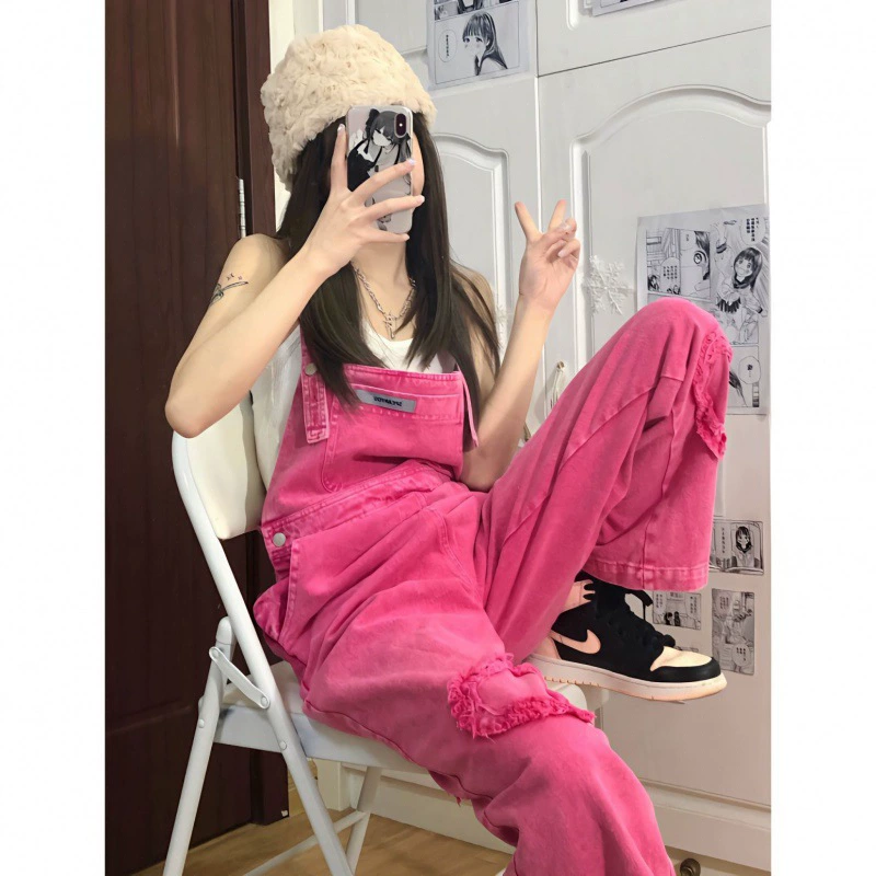 Ретро розово-красный ковбой женский весной и осенью 2023 тонкие прямые брюки широкие комбинезоны для волос