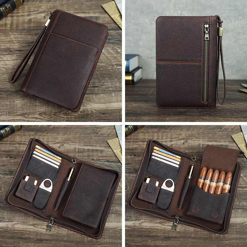 En stock al por mayor caja de cigarros de cuero genuino 5 Pack con cremallera de muñeca multifuncional viaje conveniente cigarro cigarrillo caso de cuero