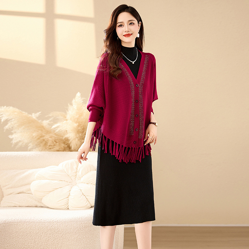 Autumn and Winter New Women's Elegant Slim Tassel Coat Hot Drilling Shawl Coat Long Sleeve Base Skirt suit