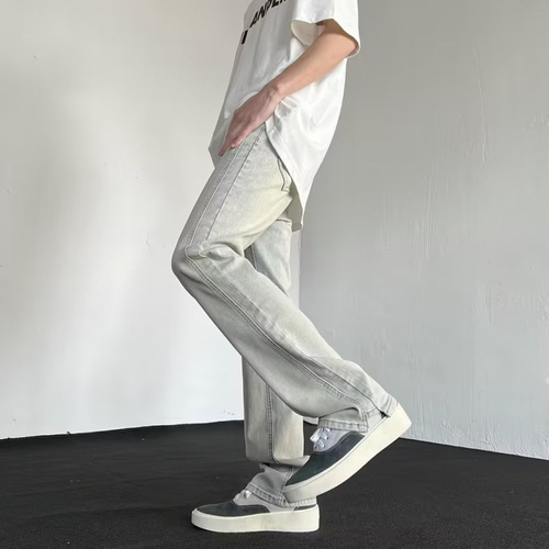 Men's American Retro Vibe Jeans High Street Fashion Brand, Washed, Distressed, Yellow Clay Dye, Flared Pants, 2024