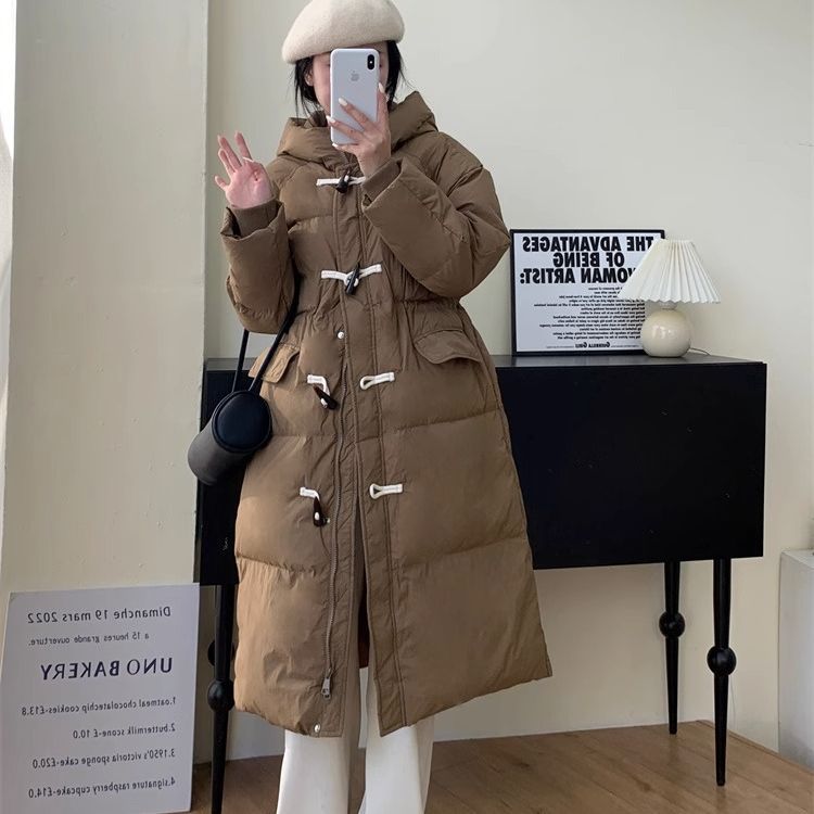 2023 new Korean version of down jacket women's long horn buckle loose thick hooded white duck down winter coat