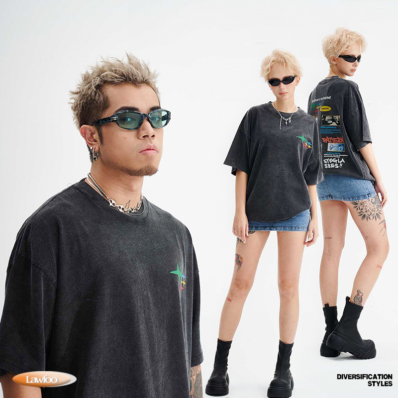 LawFoo primavera y verano marca de moda Nacional Americana Retro lavado viejo grande impreso fuera del hombro versión suelta pareja camiseta moda