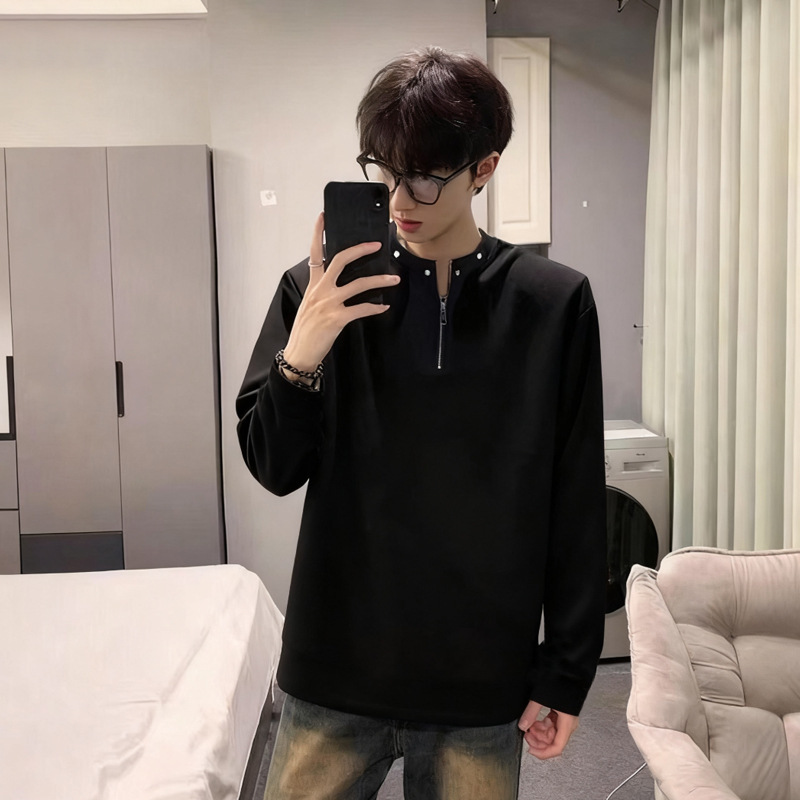 Half-Zip Shoulder Pad Sweatshirt Spring and Autumn American Style High Long-Sleeve T-Shirt Men's Loose Casual Stylish Heavyweight Top Trendy