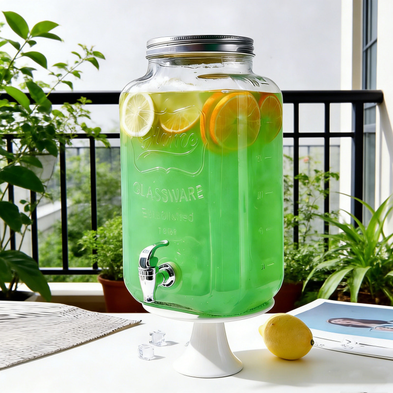 Barril de Coca-Cola, botella de vidrio con grifo, barril de bebida, jugo de limón, frutas, barril de té, barril de mezcla