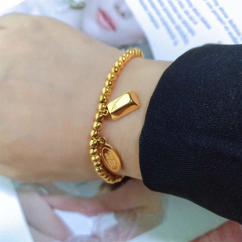 Titanium steel non-fading rich small gold block talent round bead elastic bracelet fashionable elegant high-grade all-match bracelet