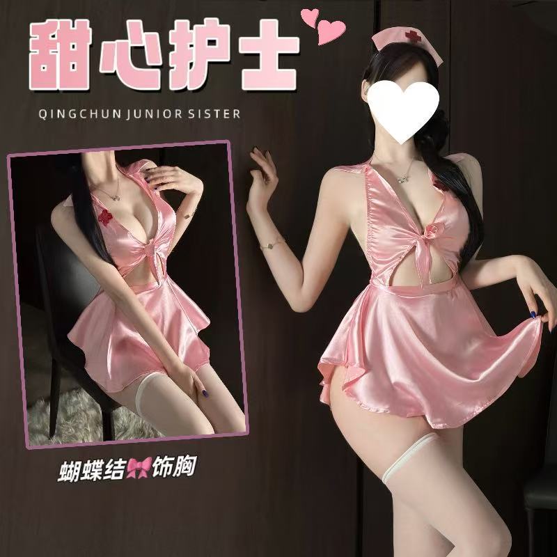 Nurse Roleplay Lingerie Set with Halter Neck Backless Dress and White Stockings — detail image 1
