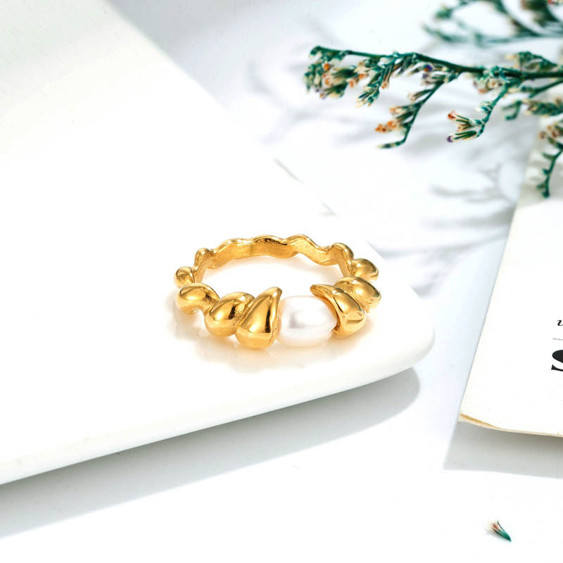 Geometric Pattern Fashion Geometric Titanium Steel Plating Freshwater Pearl 14k Gold Plated Rings