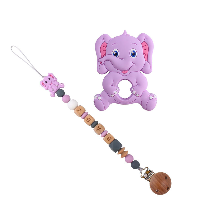 Bebé de dibujos animados elefante de silicona teether stick teether nuevo bebé nombre chupete cadena traje