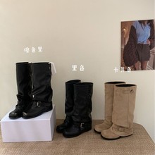 牛皮版！粗跟中筒裤管靴女鞋子2025秋冬新款卡其色宽筒炸街小短靴