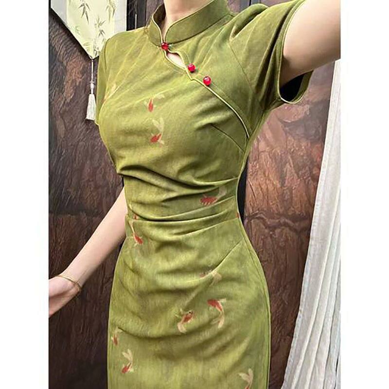 【Cloud Carp Moonlight】New Product, Very Beautiful, Improved Cheongsam with Pleats at the Waist, Green and Purple, Suitable for Daily Wear and Exam Season