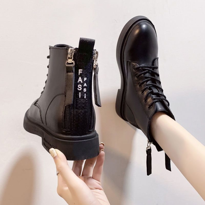 Martin Boots for Women, New Style, Lace-Up, Double Zipper at the Back, Soft-Soled Women's Short Boots, Versatile, Thick-Soled, Fleece-Lined, Single Style, British Style
