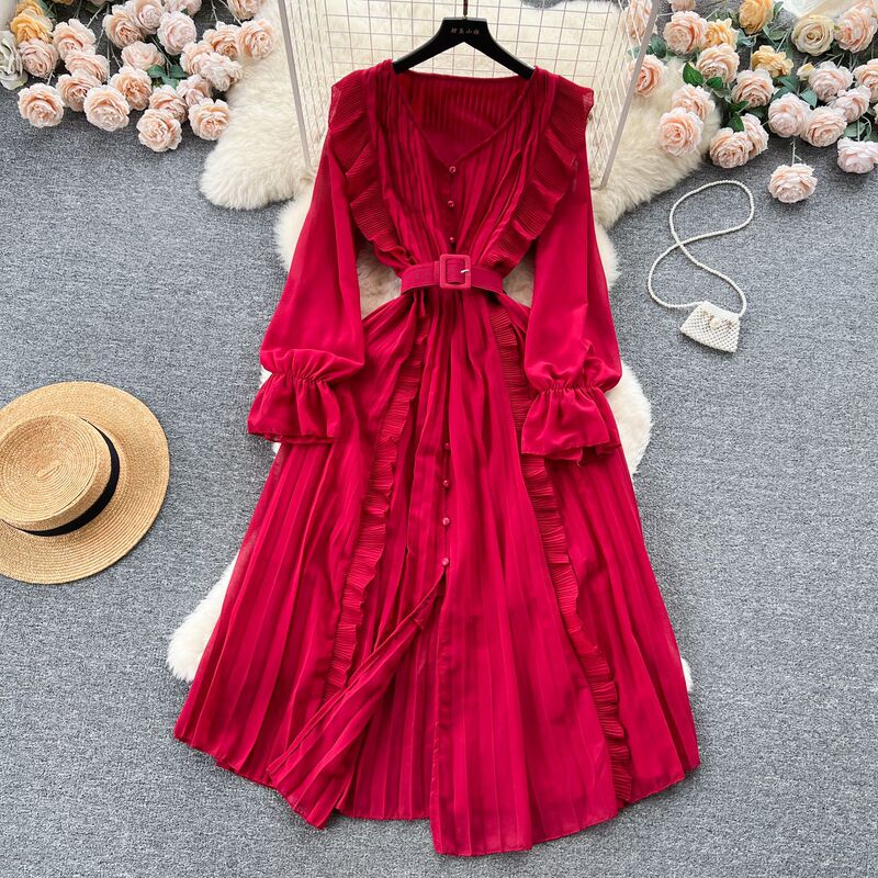 High-grade chiffon solid color socialite elegant horn long sleeve ruffled waist slimming mid-length large swing dress