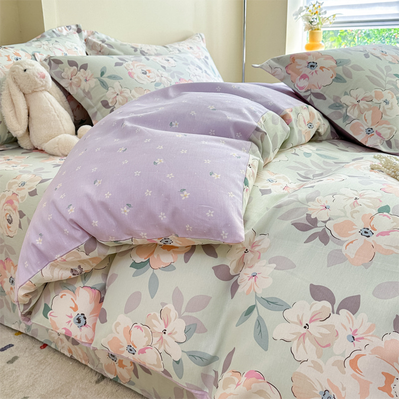 Cama de cuatro piezas, 100 cubierta de edredón de algodón, ropa de cama de dormitorio de estudiantes, tres piezas