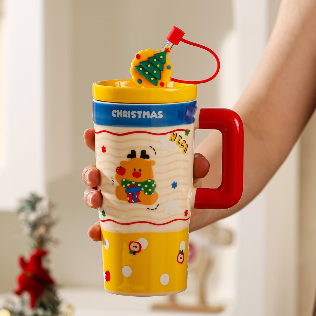 Taza de cerámica navideña de gran capacidad Taza de agua con pajita personalizada Taza de café transfronteriza de alto valor Taza linda de dibujos animados