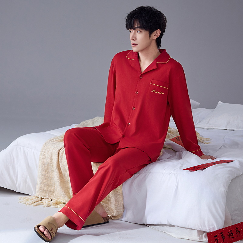 Pijama de hombre primavera y otoño de algodón rojo pantalones de manga larga para niños 2024 nuevo estilo de ropa de hogar de verano