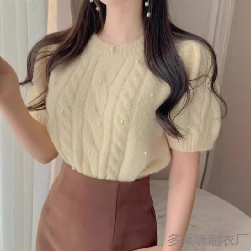 Summer New Korean Style Round Neck Pearl Embellished Loose and Versatile Short-Sleeved Twist Sweater Top for Women