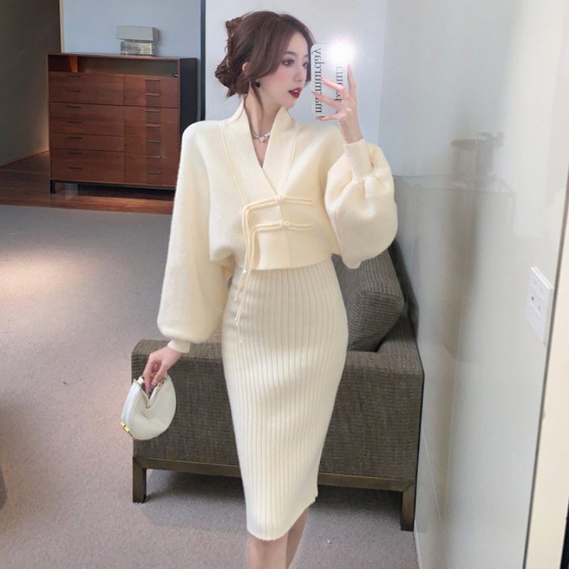Tweed Style Knitted Dress Suit for Women in Autumn and Winter New High-End Elegant Sweater Cardigan Jacket Two-Piece Set