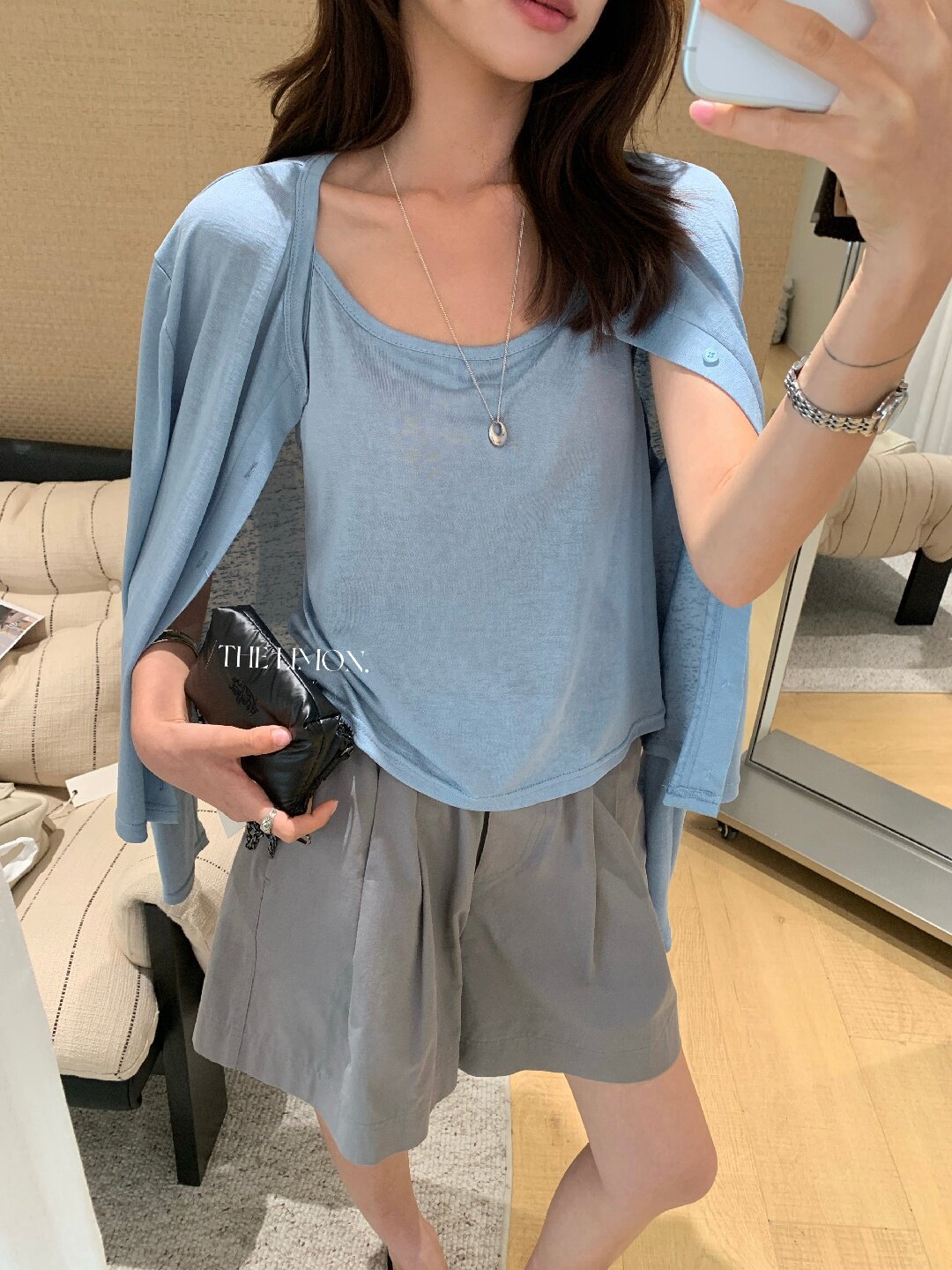 Bộ cardigan len mỏng kèm áo hai dây hai mảnh nữ mùa hè — Xám cacbon, xanh lam, màu hồng, Đậu xanh chi tiết 85