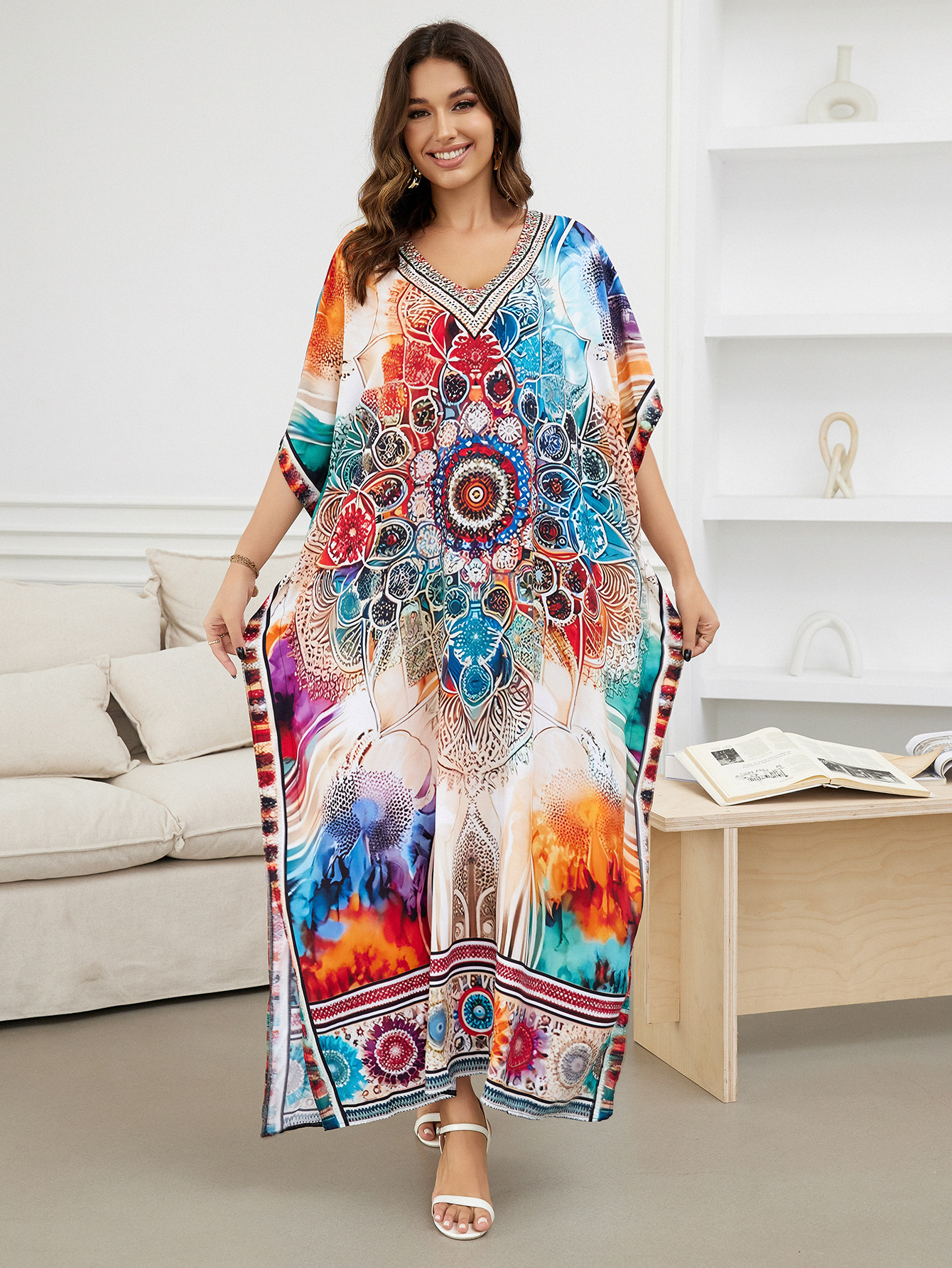 Rochie de plajă lungă kimono dama boho viscoză tie-dye_voghion.com