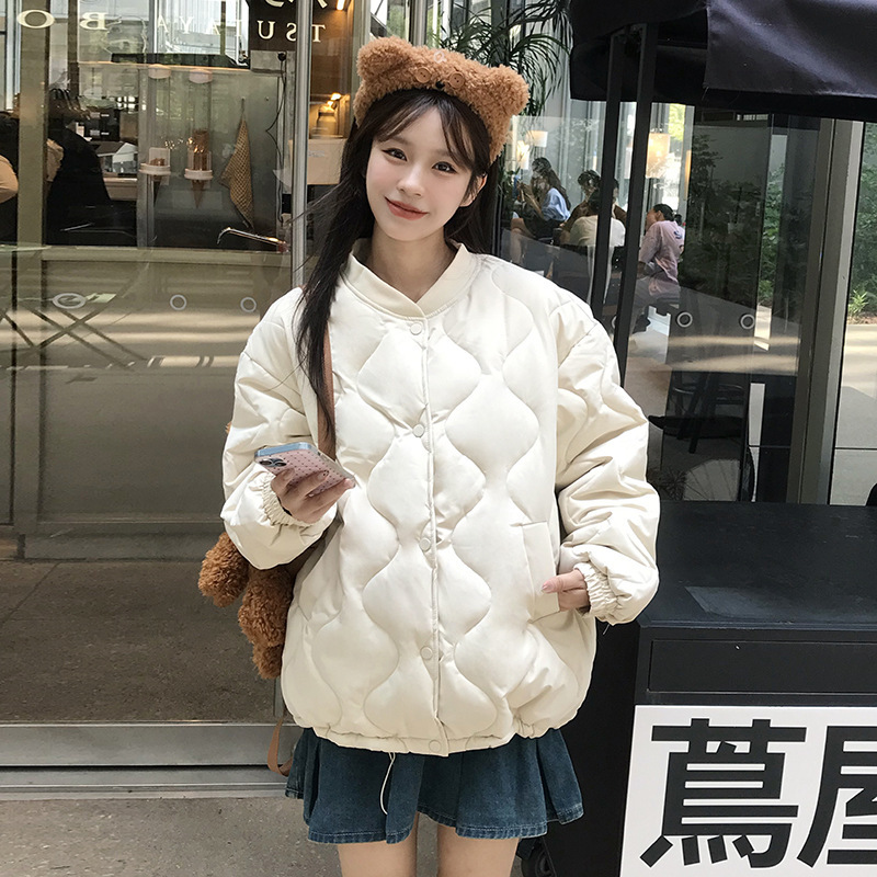 foreign trade plus size classic style collarless rhombus down cotton-padded coat for women short winter round neck thick coat design cotton-padded coat