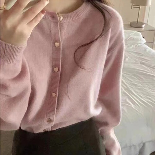 Cozy Pink Bear Fur Heart-shaped Button Cardigan for Women - Spring and Autumn Outerwear, Loose and Lazy Knit Small V-Neck Top