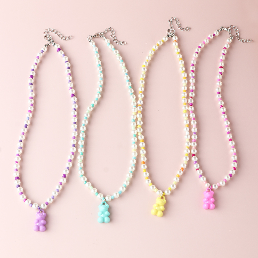 new macaron color jelly bear necklace personality trendy color rice bead pearl stitching clavicle ch