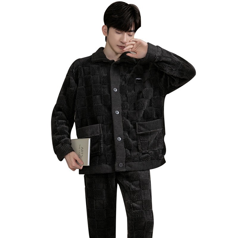 2023 nuevos pijamas de los hombres de otoño e invierno forrado de lana engrosada de manga larga cálido coral polar franela traje de desgaste para el hogar
