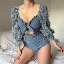 泳衣女韩国ins新款蕾丝长袖连体学修身托聚拢遮肚显瘦温泉游泳装