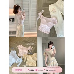 CallmeEar//【浪漫剪影】斜领短袖T恤女夏蕾丝拼接短款带胸垫上衣