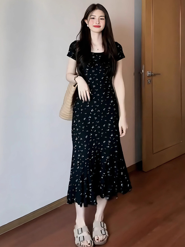 大码法式温柔碎花连衣裙女夏季新款微胖显瘦长裙气质收腰鱼尾裙|undefined
