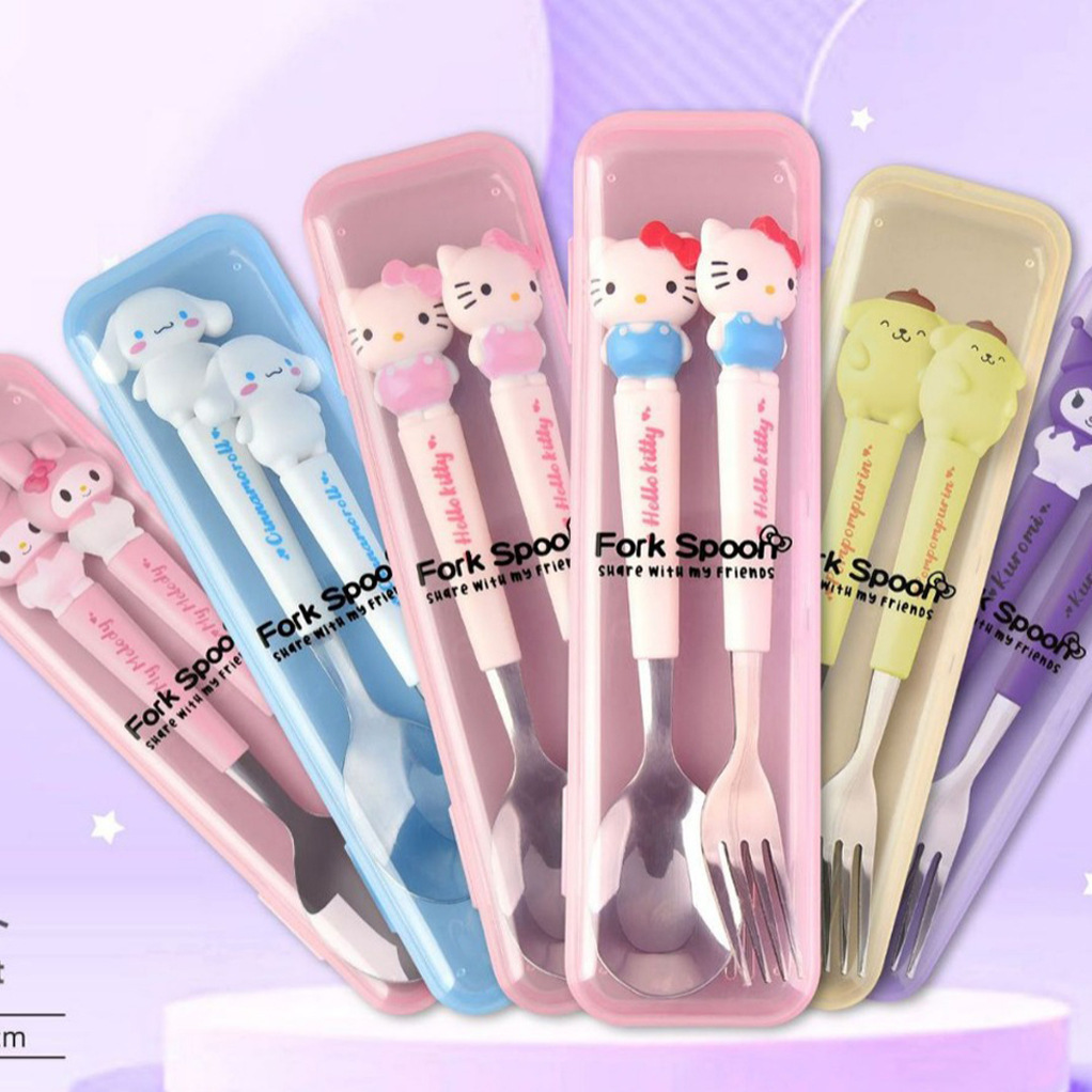 1 Sanrio Big Ear Dog Melody 410 acero inoxidable niños encantadores dibujos animados cubiertos portátiles palillos set cuchara