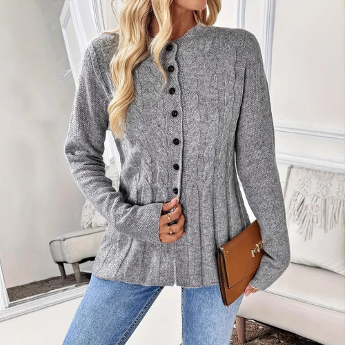 Women's European and American Style Single Button Casual Long Sleeve Knitted Cardigan for Autumn and Winter, Cable-Knit Round Neck, Warm Outerwear Sweater