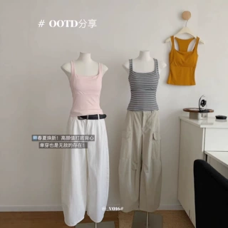 韩系慵懒风条纹吊带背心交叉镂空露背美背上衣带胸垫新款夏季内搭