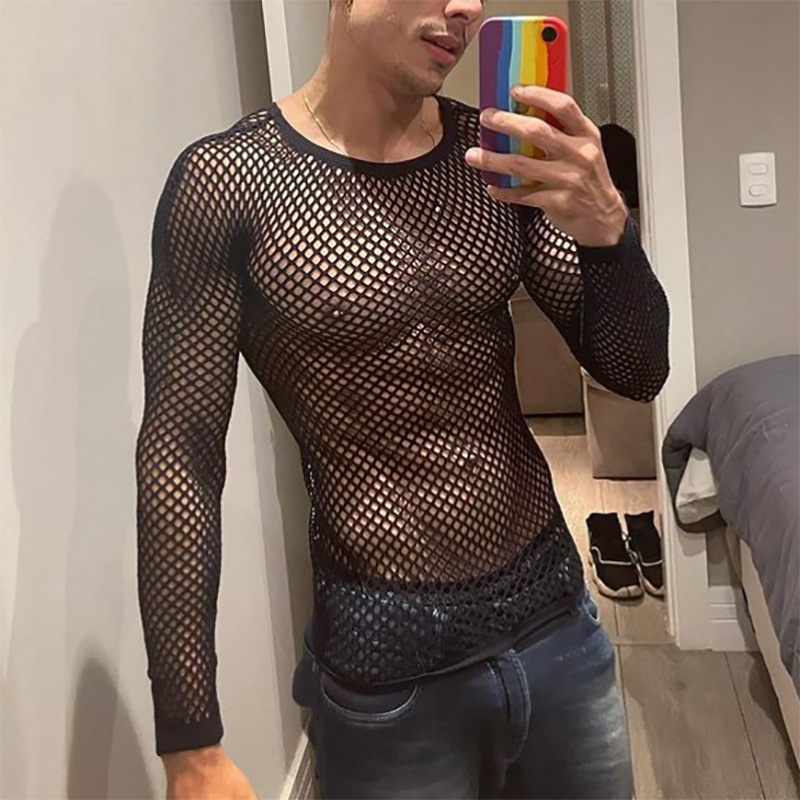 Cross-border European and American Men's Mesh Long-sleeved Shoulder Perspective T-shirt Sexy Night Clothes Fitness Breathable Fishnet Hollow T-shirt