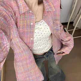 粉色泡泡纱七彩格子衬衫设计感高级cleanfit美式外套男慵懒风衬衣